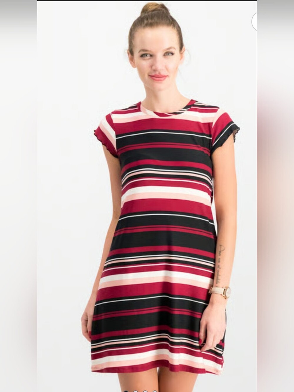 Ultra Flirt Burgundy Black Pink Striped Short Sleeve T-shirt mini Dress Size S